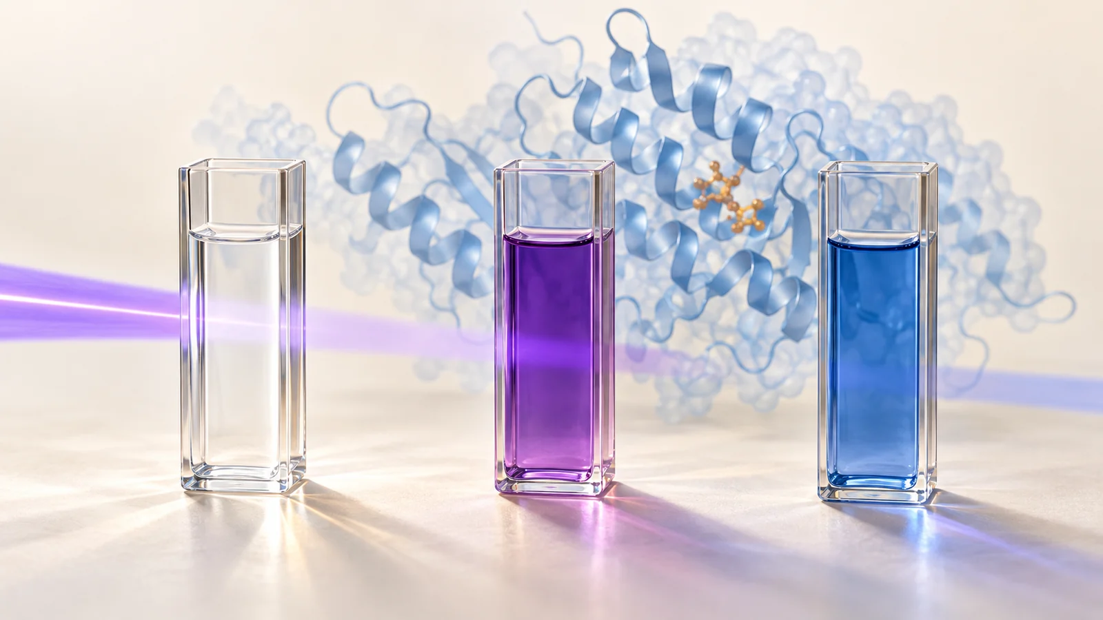 Three glass cuvettes containing clear, purple and blue solutions represent different protein measurement signals.