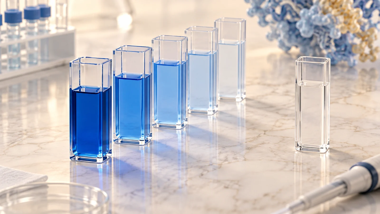 A series of blue solutions with decreasing color intensity beside a colorless reference cuvette.