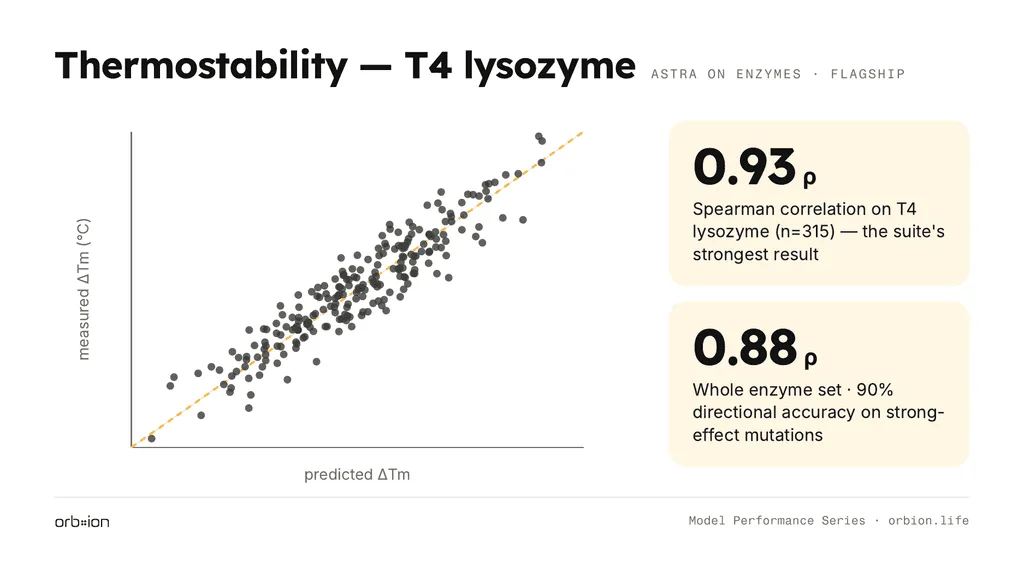 The flagship: T4 lysozyme ΔTm at Spearman ρ 0.93 (n=315); whole-set ρ 0.88 with 90% directional accuracy on strong-effect mutations