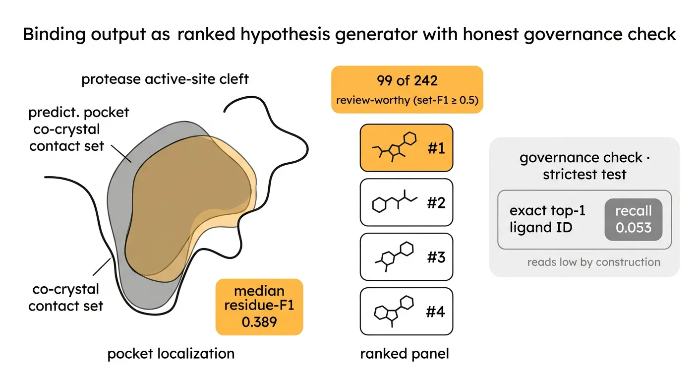 The binding panel as a ranked hypothesis generator, with exact ligand-ID recall reported as governance