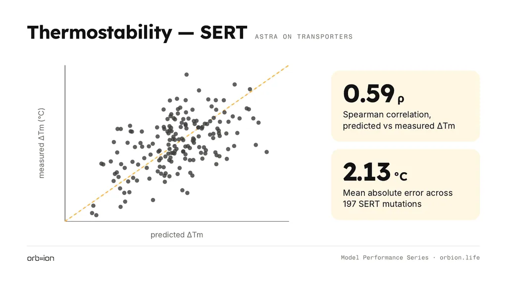 Thermostability on 197 SERT mutations: MAE 2.13 °C, Spearman ρ 0.59