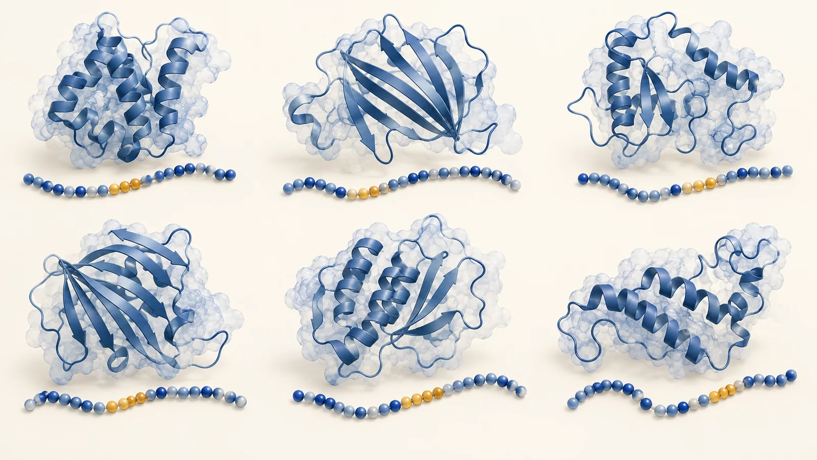 Related blue protein folds and abstract sequence strands with varied highlighted positions.