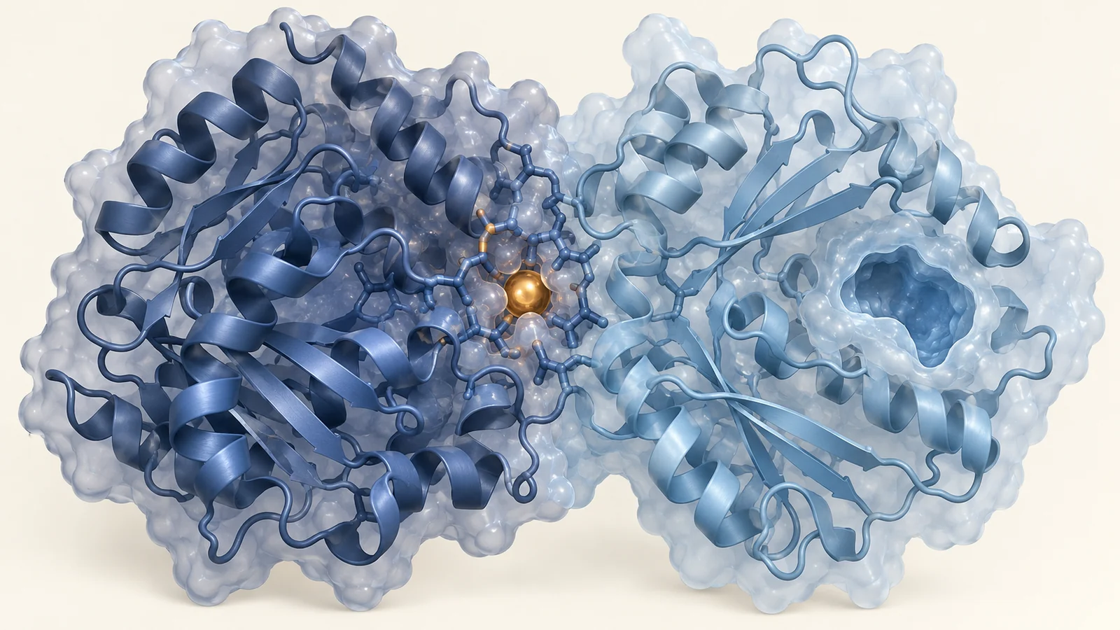 Two interacting protein subunits with a highlighted site embedded in their interface.