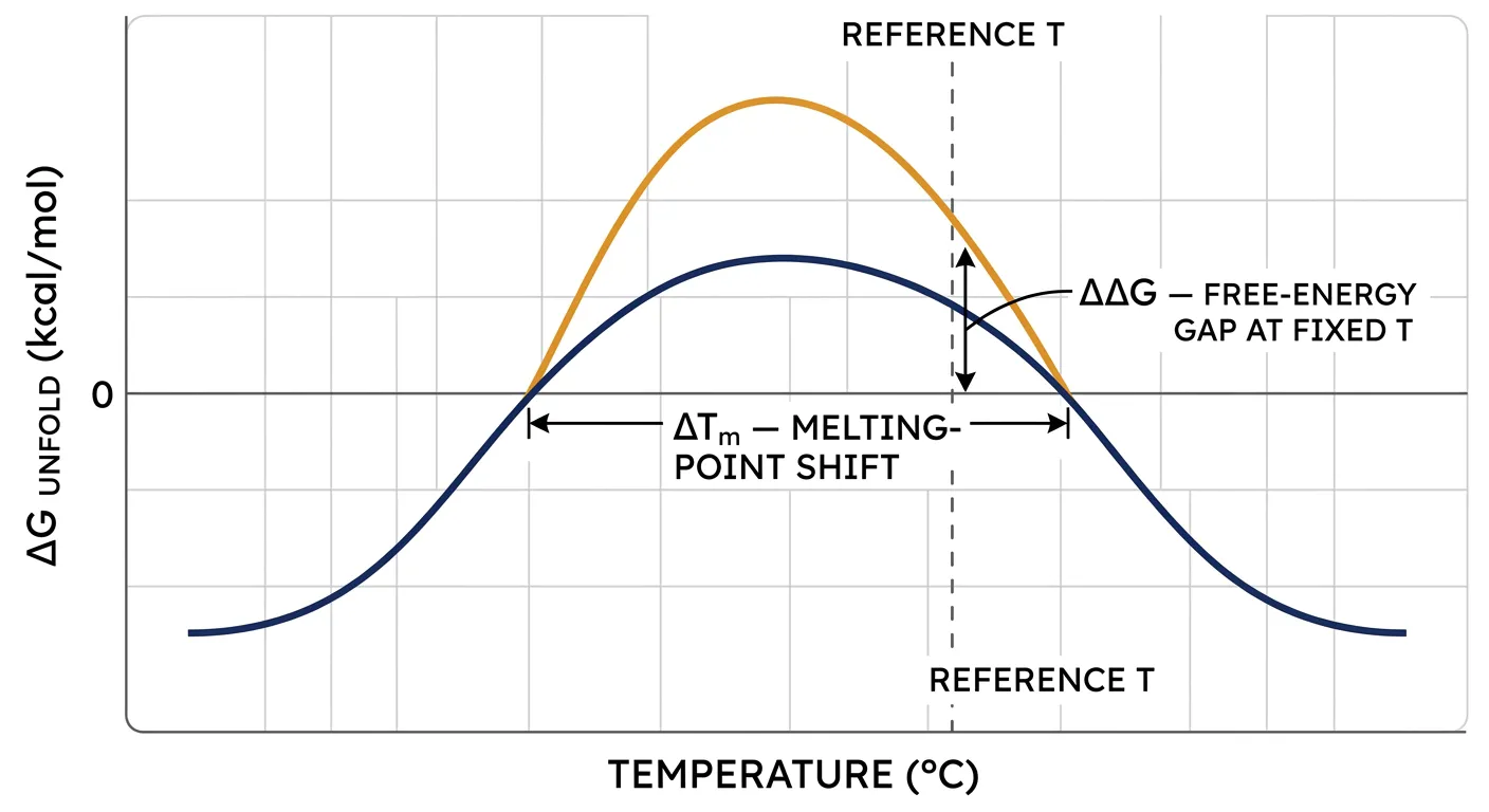 The stability curve: ΔΔG is the free-energy gap at a fixed T; ΔTm is the melting-point shift