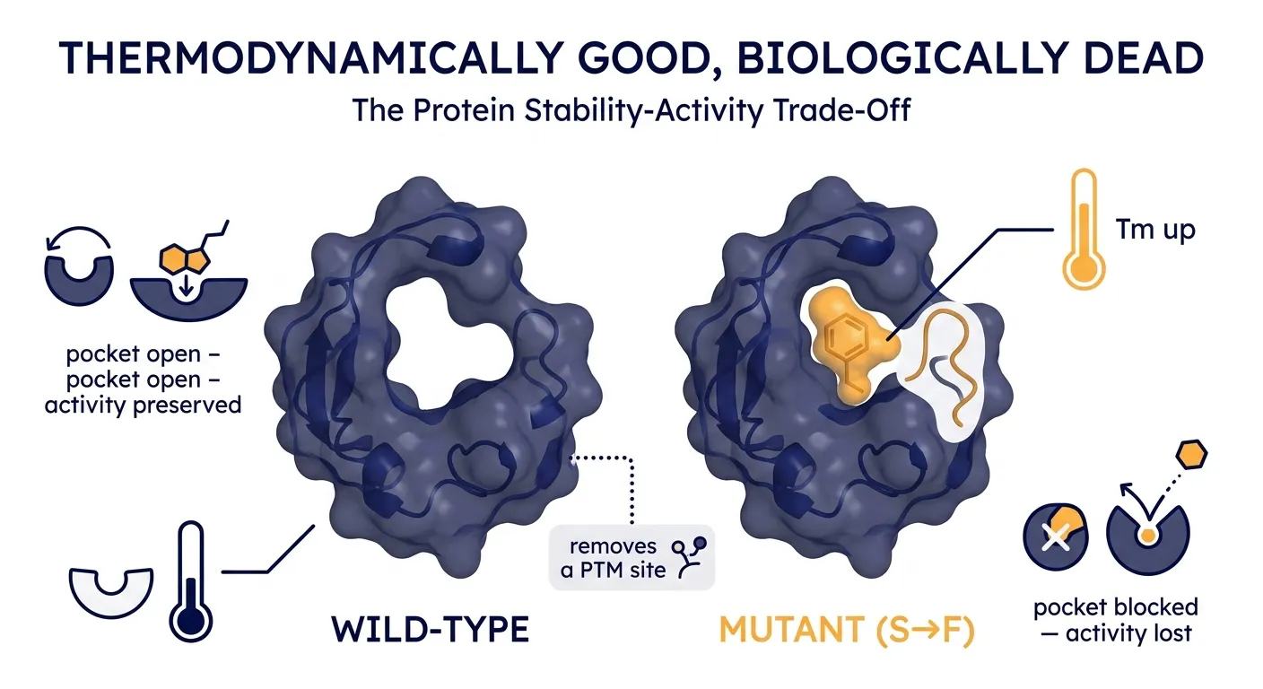 A stabilizing mutation that fills the active-site pocket is thermodynamically good, biologically dead