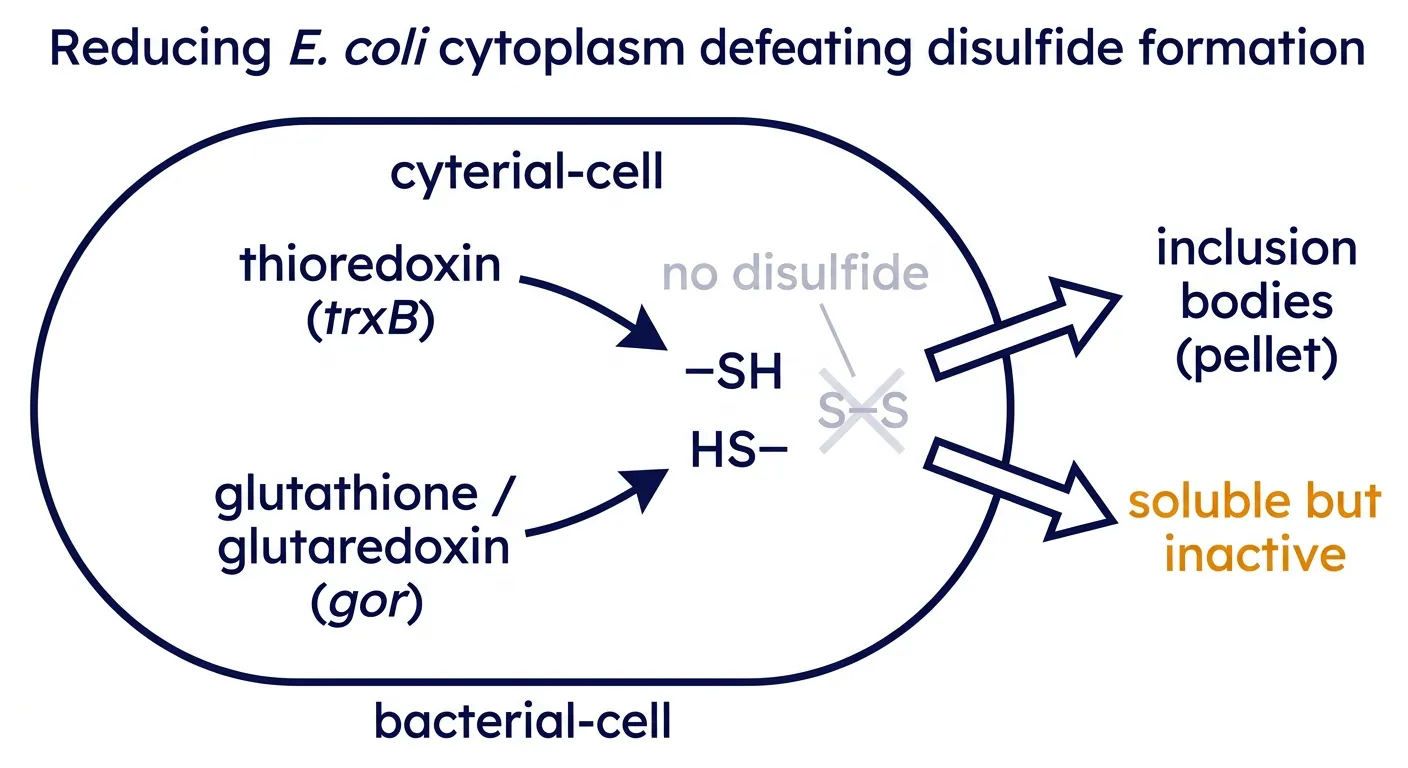 Two reducing pathways keep the E. coli cytoplasm from forming disulfides