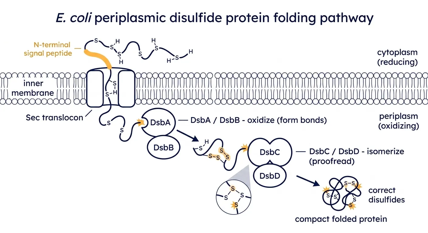 The periplasm: signal-peptide export into an oxidizing compartment with the full Dsb machinery