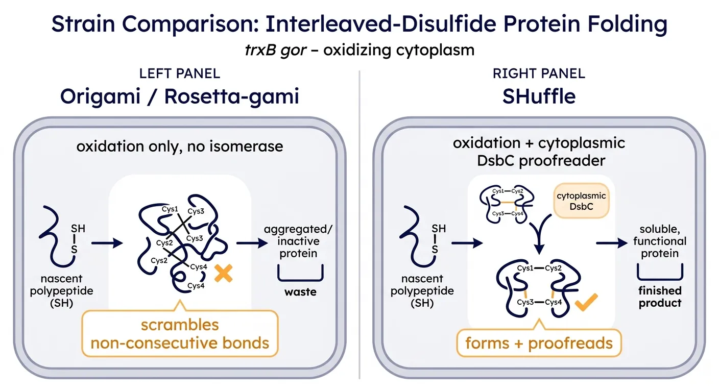 SHuffle vs Origami: only the strain with a cytoplasmic isomerase proofreads interleaved bonds