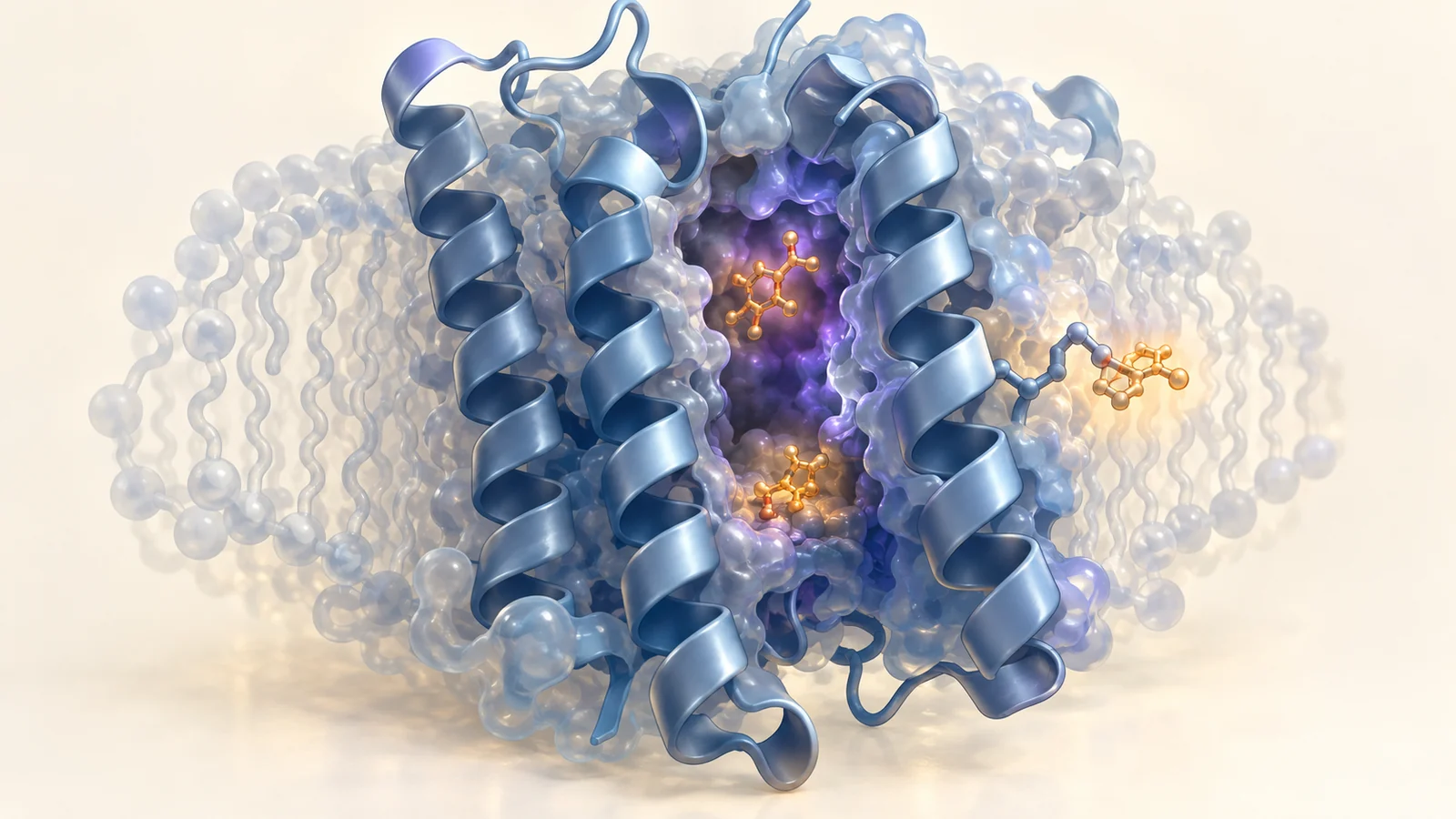 A partially opened protein with internal and surface-associated fluorescent features.