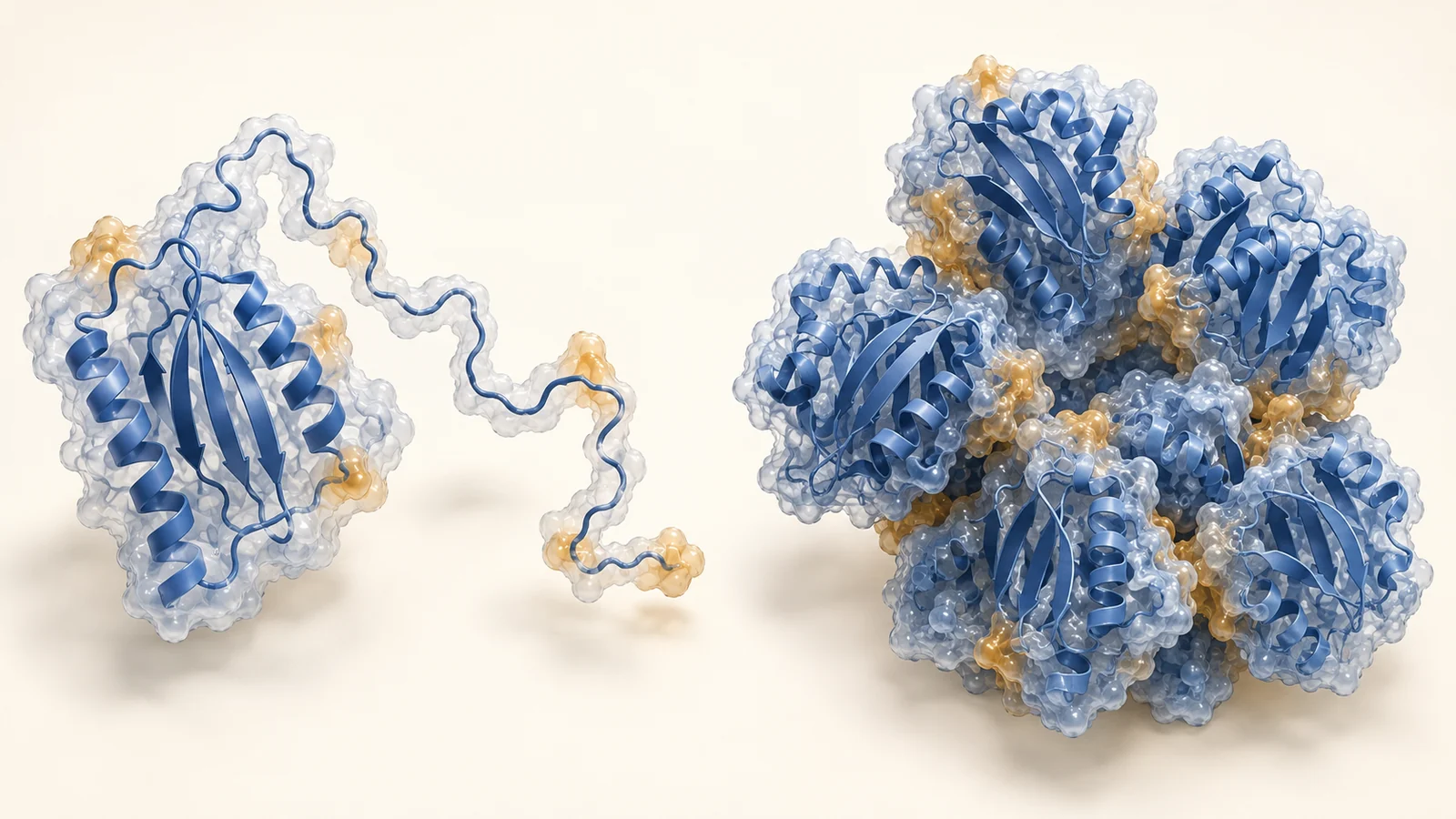 A partially unfolded single protein beside a larger cluster of associated proteins.