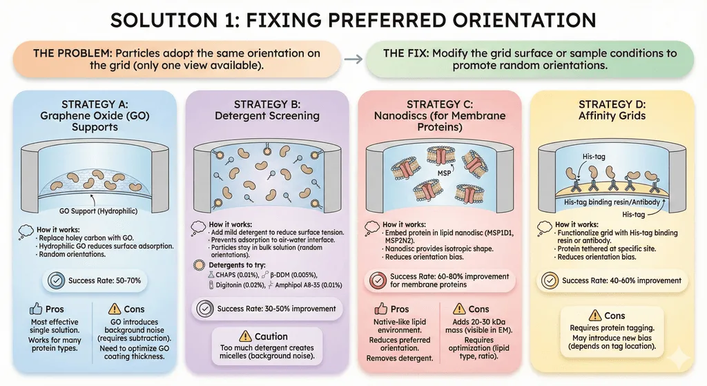 Diagram Explaining How to Fix Preferred Orientation for Cryo-EM Sample Prep