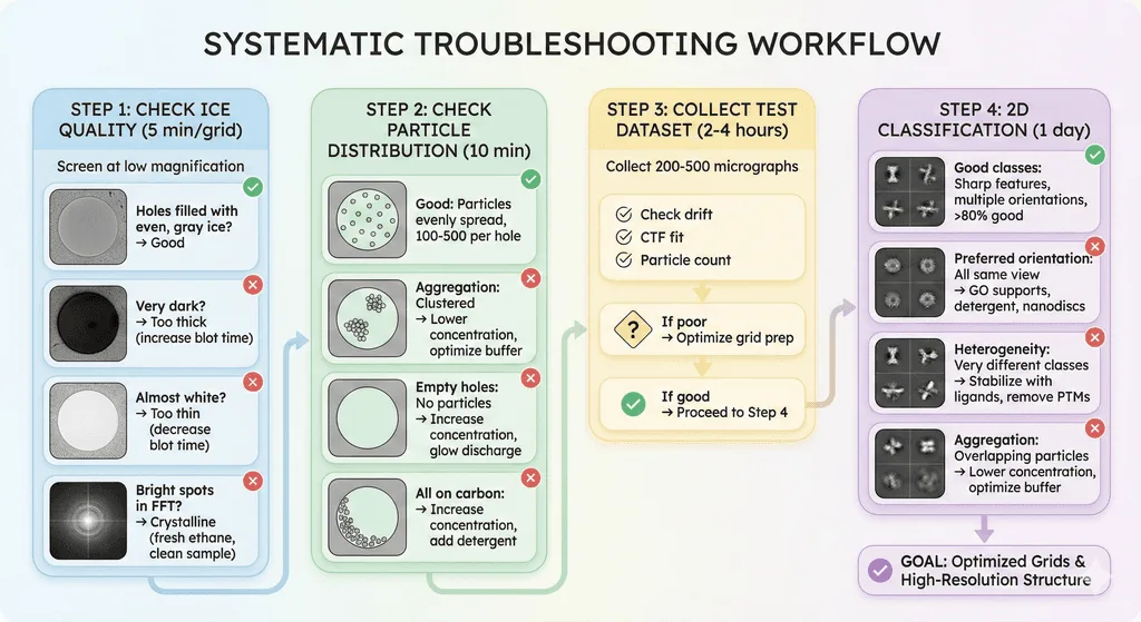 Diagram Showing the Workflow to Follow to Troubleshoot Cryo-EM Sample Prep Problems