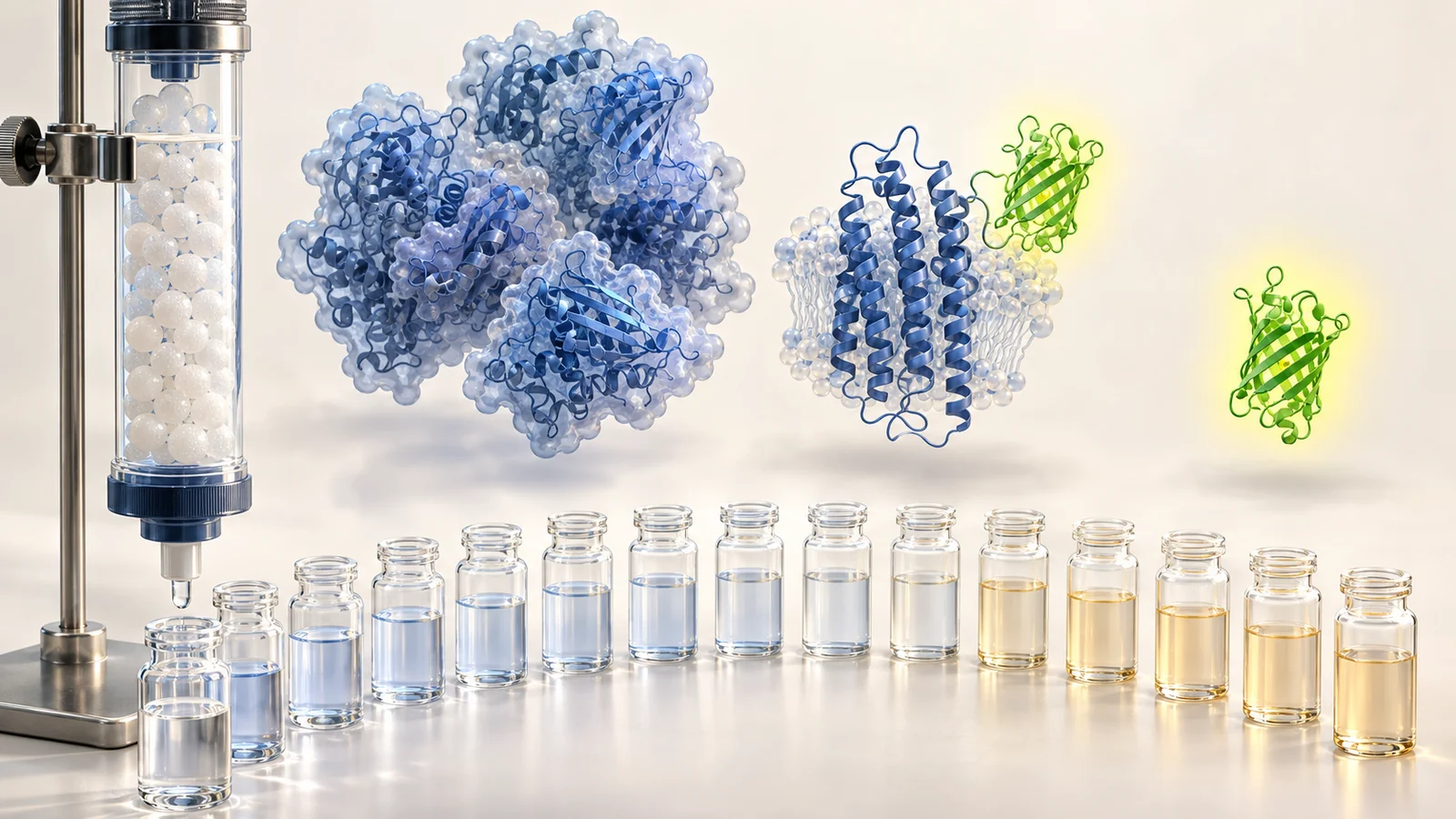 Chromatography fractions alongside a protein cluster, a reporter-tagged protein and a separate reporter domain.