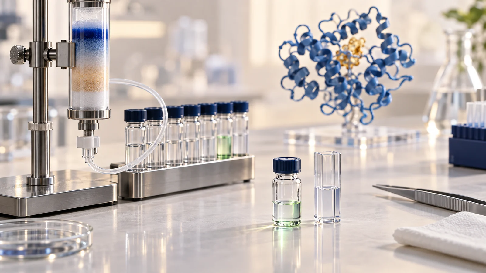 Small chromatography setup with collected samples and a cuvette ready for follow-up measurement.