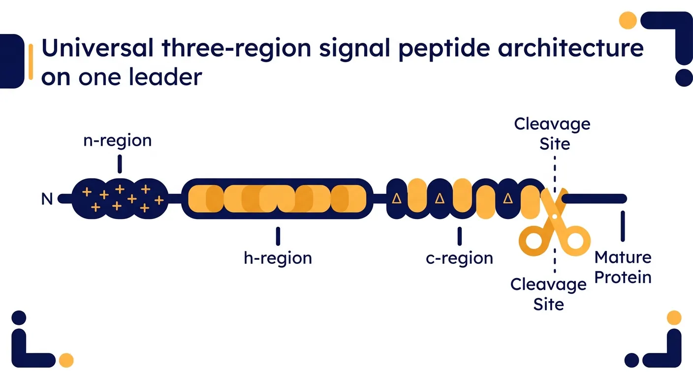 The universal three-region signal peptide architecture: a charged n-region, a hydrophobic h-region, and a polar c-region presenting the cleavage site.