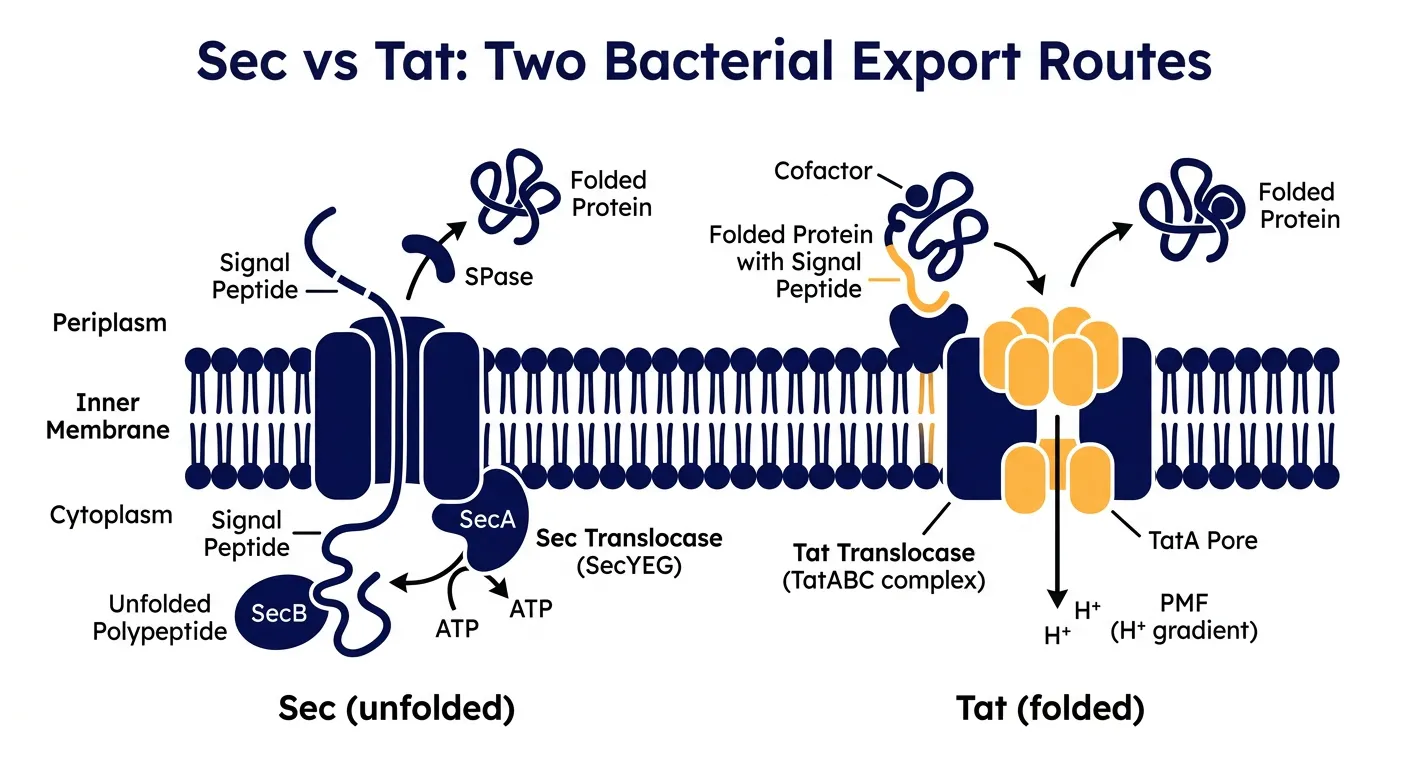 Sec versus Tat export: the Sec pathway moves unfolded chains through SecYEG, while the Tat pathway exports already-folded proteins.