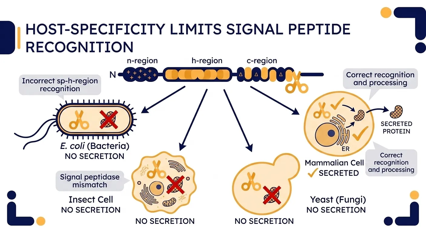 One signal peptide tried across four hosts — only the host-matched case secretes; the other three fail.
