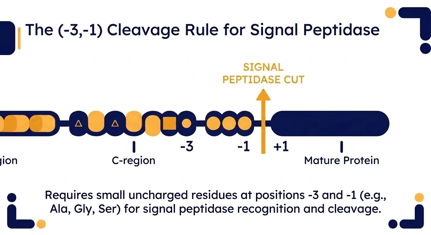 The (-3,-1) cleavage rule: small, uncharged residues at positions -1 and -3 are required for signal peptidase cleavage.