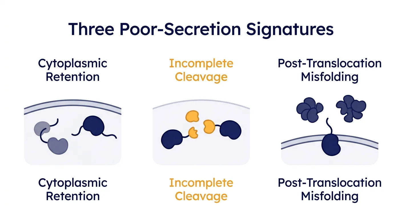 Three poor-secretion signatures: cytoplasmic retention, incomplete cleavage, and post-translocation misfolding.