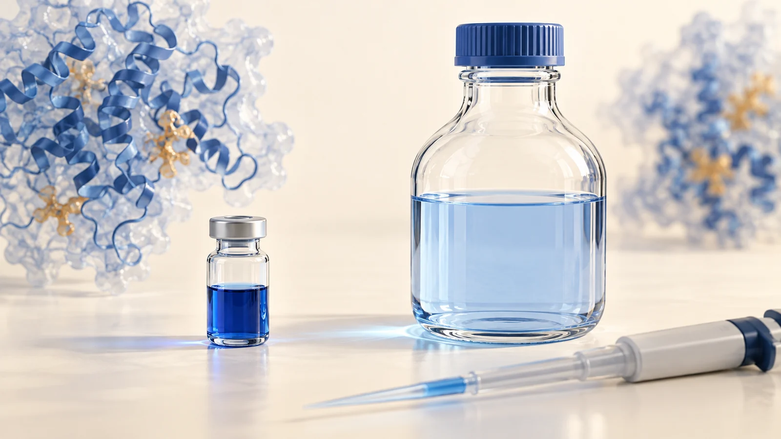 A small vial of concentrated blue solution beside a larger volume of paler solution.
