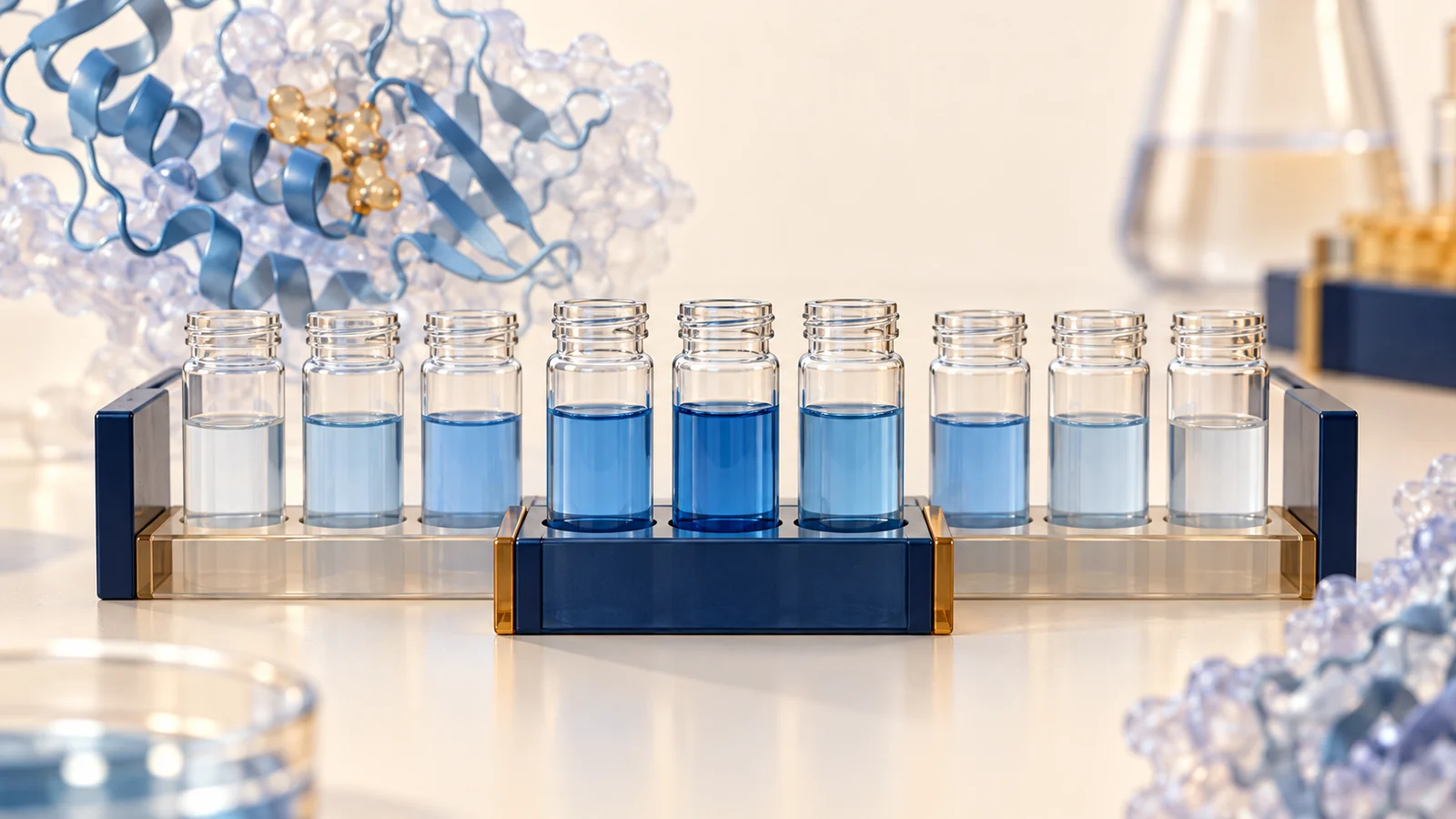 A central group of selected fractions sits ahead of neighboring vials that also contain blue solution.