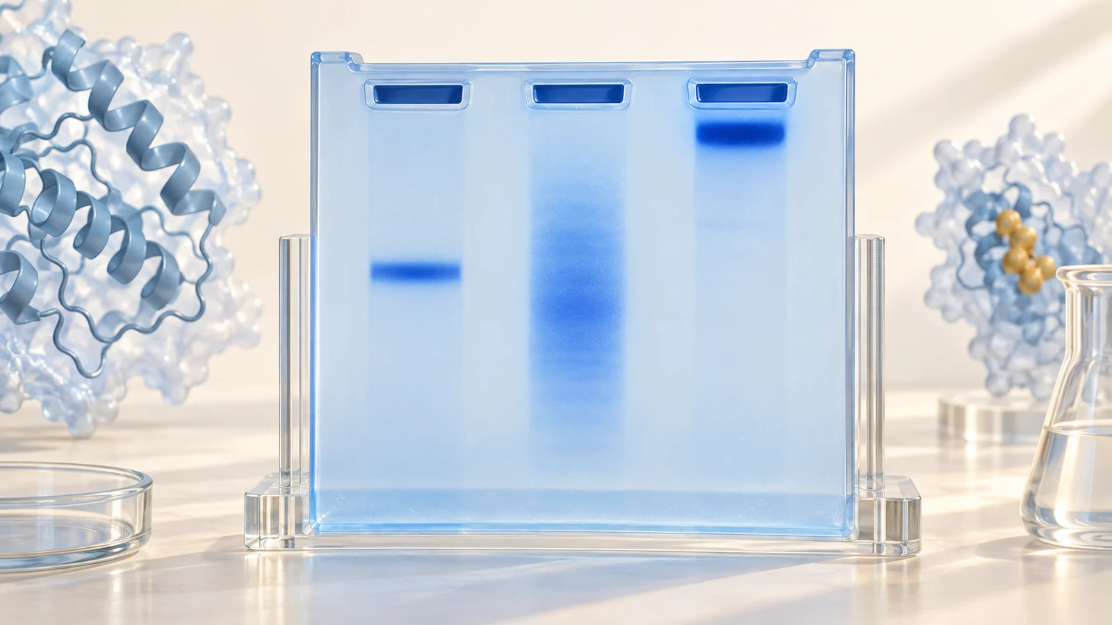 Illustrated gel lanes show a discrete band, a diffuse smear and material retained near a well.