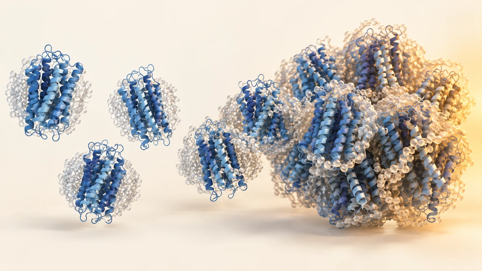 Separate blue helical protein bundles and a larger clustered assembly under warm light.