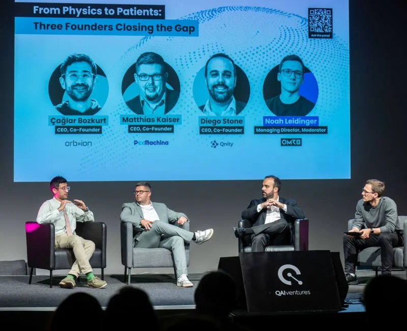 Çağlar Bozkurt, Matthias Kaiser, Diego Stone Aires and moderator Noah Leidinger during the From Physics to Patients panel.