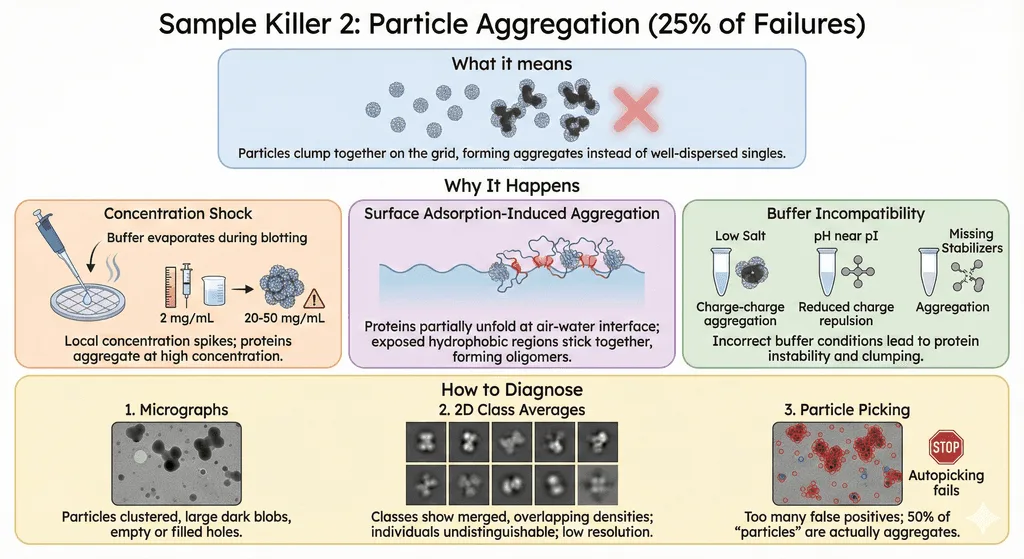 Diagram Showing Particle Aggregation's Effect on Cryo-EM Sample Success