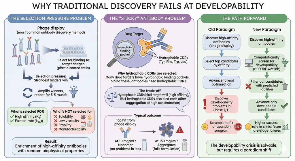 Diagram Showcasing Why Traditional Antibody Discovery Fails at Developability